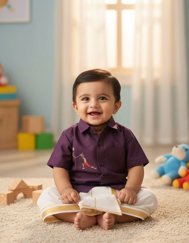 Kids Shirt and Mundu Traditional Wine Red